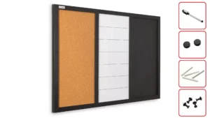 Lavagna combinata 3 in 1: bianca magnetica cancellabile, per gesso magnetica e in sughero 60x40 cm