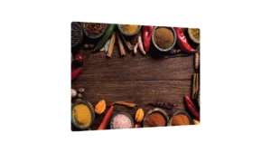 Tagliere Coprifornelli in Vetro Universale SPEZIE ORIENTALI E LEGNO 52x60cm Protezione per Piani Cottura, Piano di Lavoro, in Vetro Temperato, Decorazione Cucina