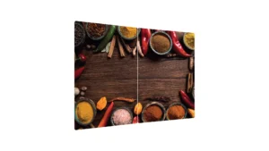 Tagliere Coprifornelli in Vetro Universale SPEZIE ORIENTALI E LEGNO 2 Pezzi, Protezione per Piani Cottura, Piano di Lavoro, in Vetro Temperato, Decorazione Cucina, 52x30cm