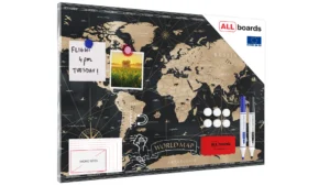 Lavagna magnetica in acciaio MAPPA DEL MONDO NERA VINTAGE CLASSICA STATI E CAPITALI 60x40 cm MetalBoards lastra con stampa adatta per tutti i tipi di calamite + set di accessori GRATIS