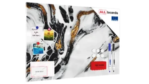 Lavagna magnetica in acciaio MARMO BIANCO E ORO 90x60 cm MetalBoards lastra con stampa adatta per tutti i tipi di calamite + set di accessori GRATIS