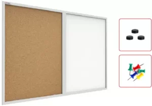 Lavagna Bianca Magnetica e in Sughero Combinata con Cornice MDF 90x60cm + 3 Calamite e 5 Puntine Incluse