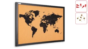 Lavagna in sughero MAPPA DEL MONDO con cornice in legno laccato NERO 60x40 cm