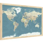 Lavagna magnetica con stampa mappamondo colori pastello 60x40cm cornice in legno naturale
