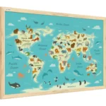 Lavagna magnetica con stampa mappa del mondo animali per bambini 60x40cm con cornice in legno naturale