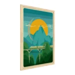 Lavagna magnetica con stampa  treno su sfondo di montagne 60x40cm con una cornice in legno naturale
