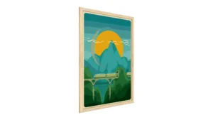 Lavagna magnetica con stampa  treno su sfondo di montagne 60x40cm con una cornice in legno naturale