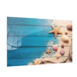 LAVAGNA IN VETRO MAGNETICA CON STAMPA MOTIVO CONCHIGLIE SABBIA CORDA SU LEGNO 60X40