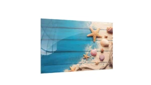 LAVAGNA IN VETRO MAGNETICA CON STAMPA MOTIVO CONCHIGLIE SABBIA CORDA SU LEGNO 60X40