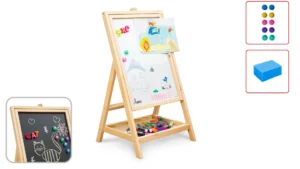 Lavagna per bambini con superficie girevole magnetica, struttura in legno, altezza 80 cm